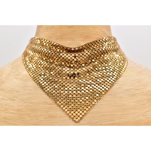 Whiting & Davis Vintage Mesh Chainmail Choker Bib Necklace Gold Signed 70s BinBL - Picture 2 of 12